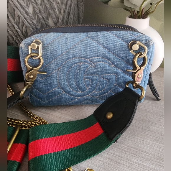 Gucci Marmont Denim Pouch Crossbody Bag Pearl GG Logo - Picture 4 of 13